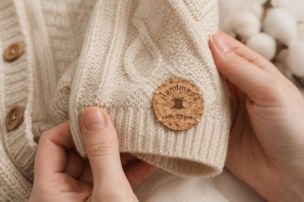 Etiqueta redonda de corcho «Handmade with love» cosida a una prenda de punto color crema.