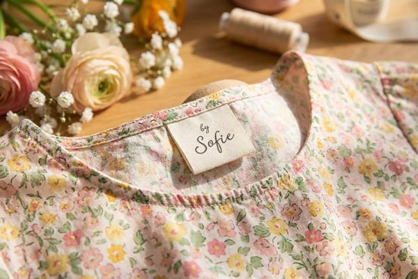 Etiqueta crema de algodón cosida en vestido floral
