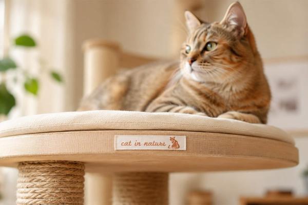 Etiqueta de algodón natural con texto marrón en mueble para gatos