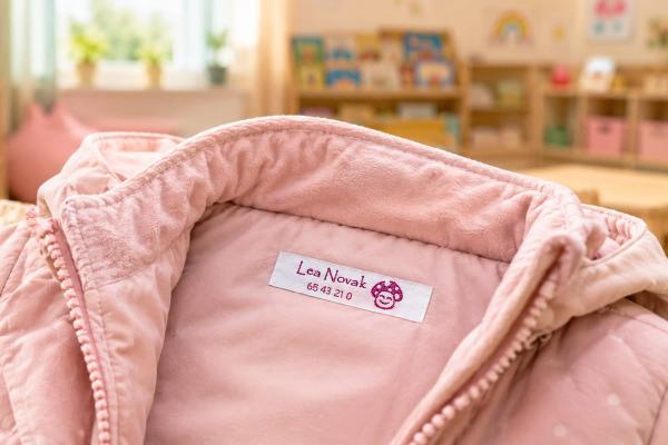 Etiqueta de nombre blanca con texto lila en chaqueta infantil