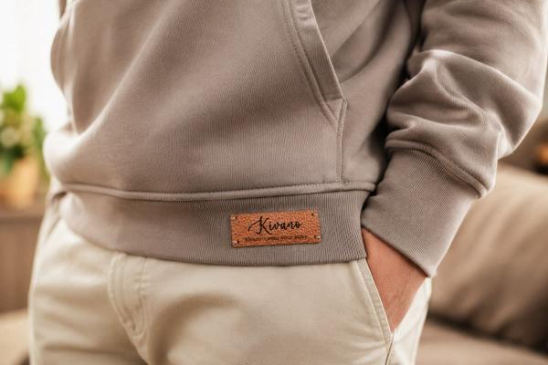 Etiqueta rectangular marrón efecto cuero con logo personalizado cosida al bajo de una sudadera gris.
