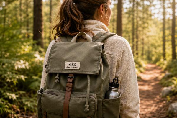 Etiqueta de algodón bio natural con texto negro en mochila