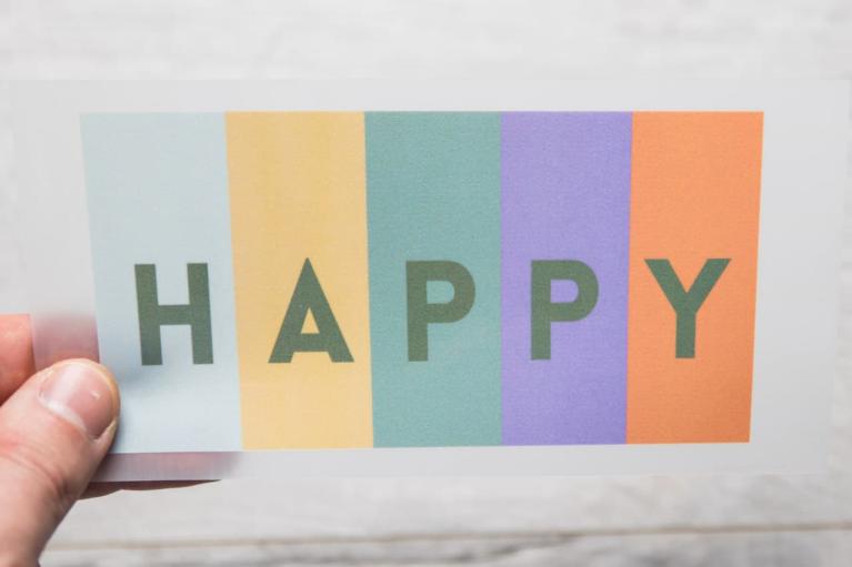 Imagen termoadhesiva de desigñador \"HAPPY\" de Unikati – Bag Design (N° de artículo 9406)